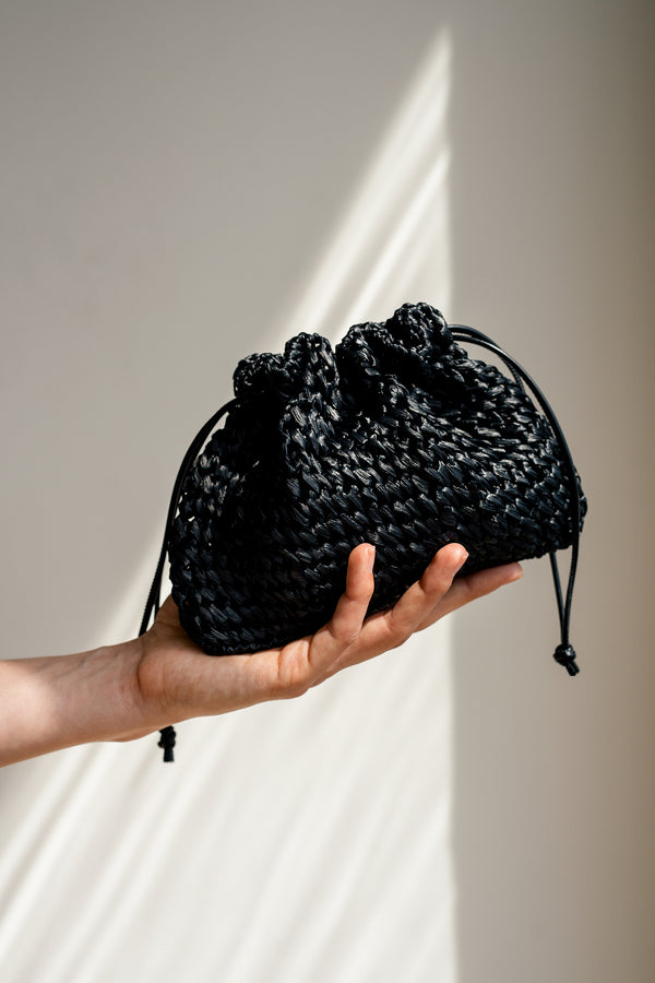 Aster Raffia Pouch with Strap- Handmade in Greece - Black
