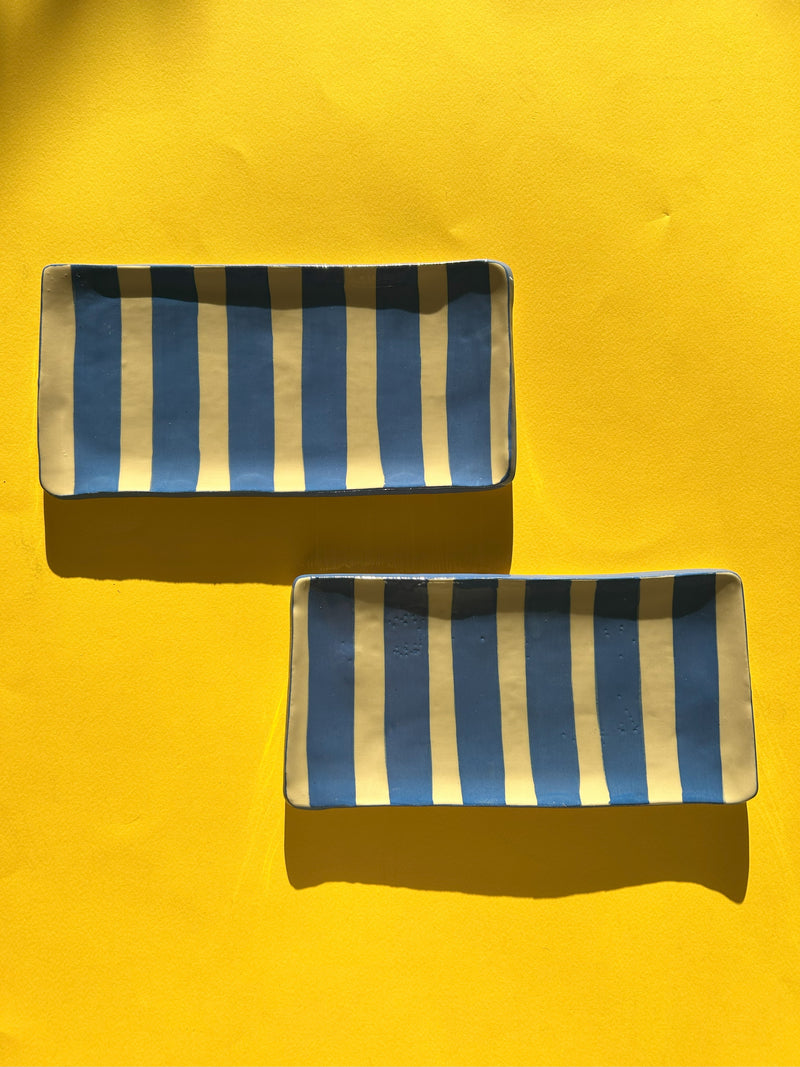 Handmade Striped Blue and White Ceramic Platter- Limited Edition