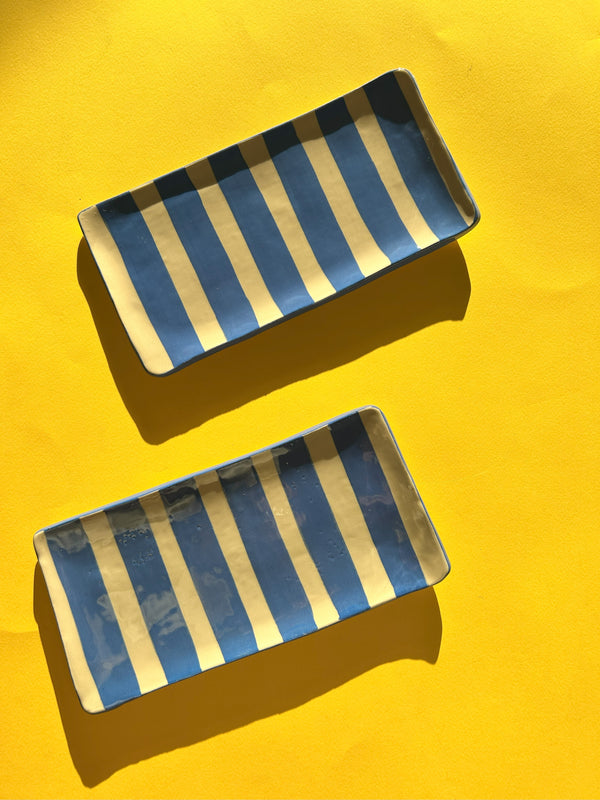 Handmade Striped Blue and White Ceramic Platter- Limited Edition