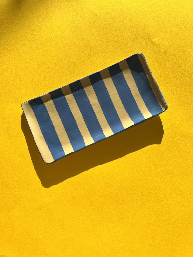 Handmade Striped Blue and White Ceramic Platter- Limited Edition