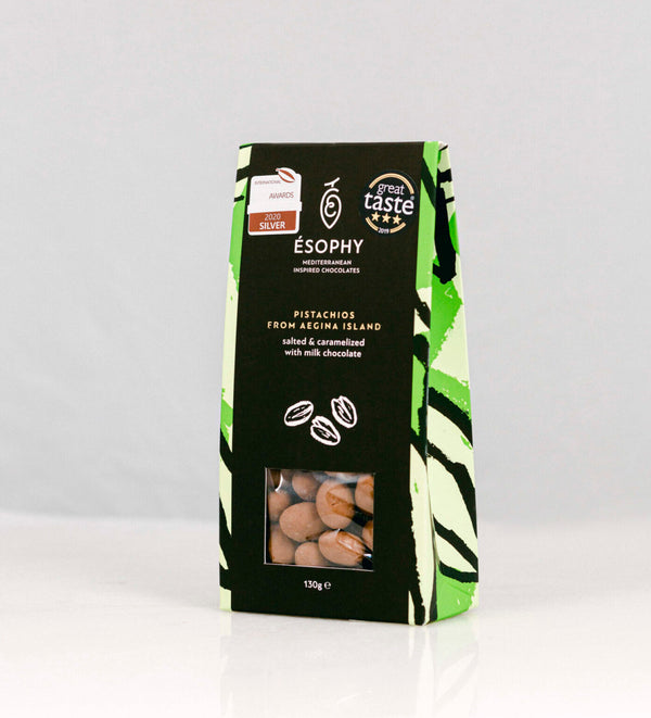 Salted and Caramelised Aegina Pistachios in Milk Chocolate 130g