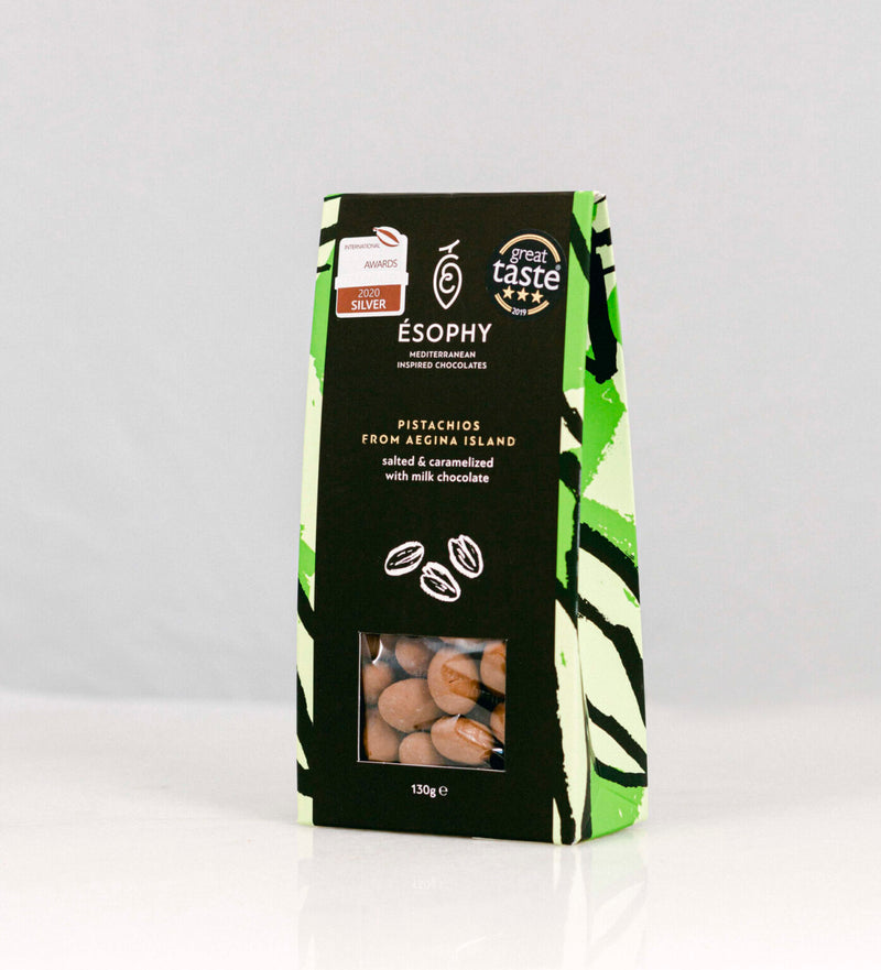 Salted and Caramelised Aegina Pistachios in Milk Chocolate 130g