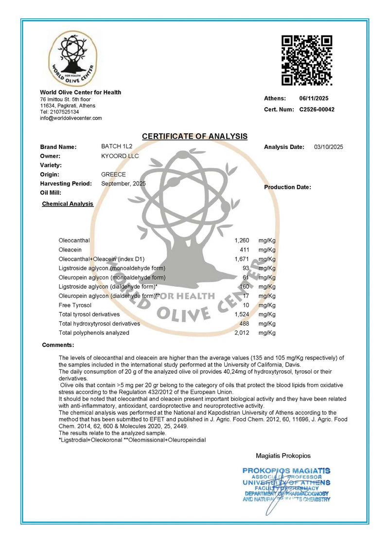 Extremely High Phenolic Extra Virgin Olive Oil Limited Edition 250ML