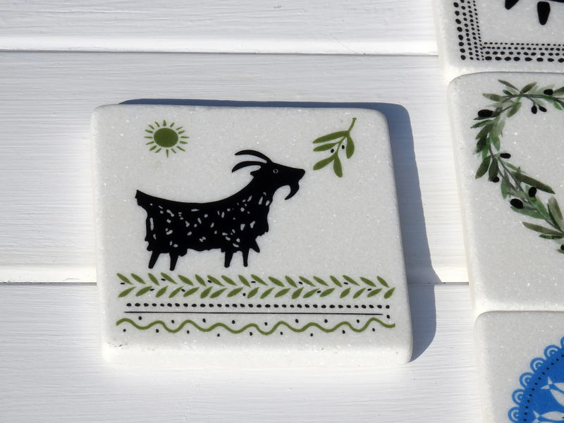 Goat and Olive Leaf Marble Coaster