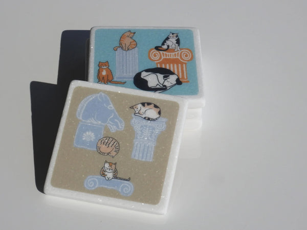 Greek Cats with Ruins Marble Coaster