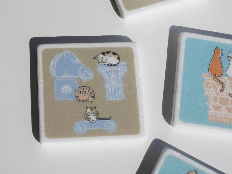 Greek Cats with Ruins Marble Coaster