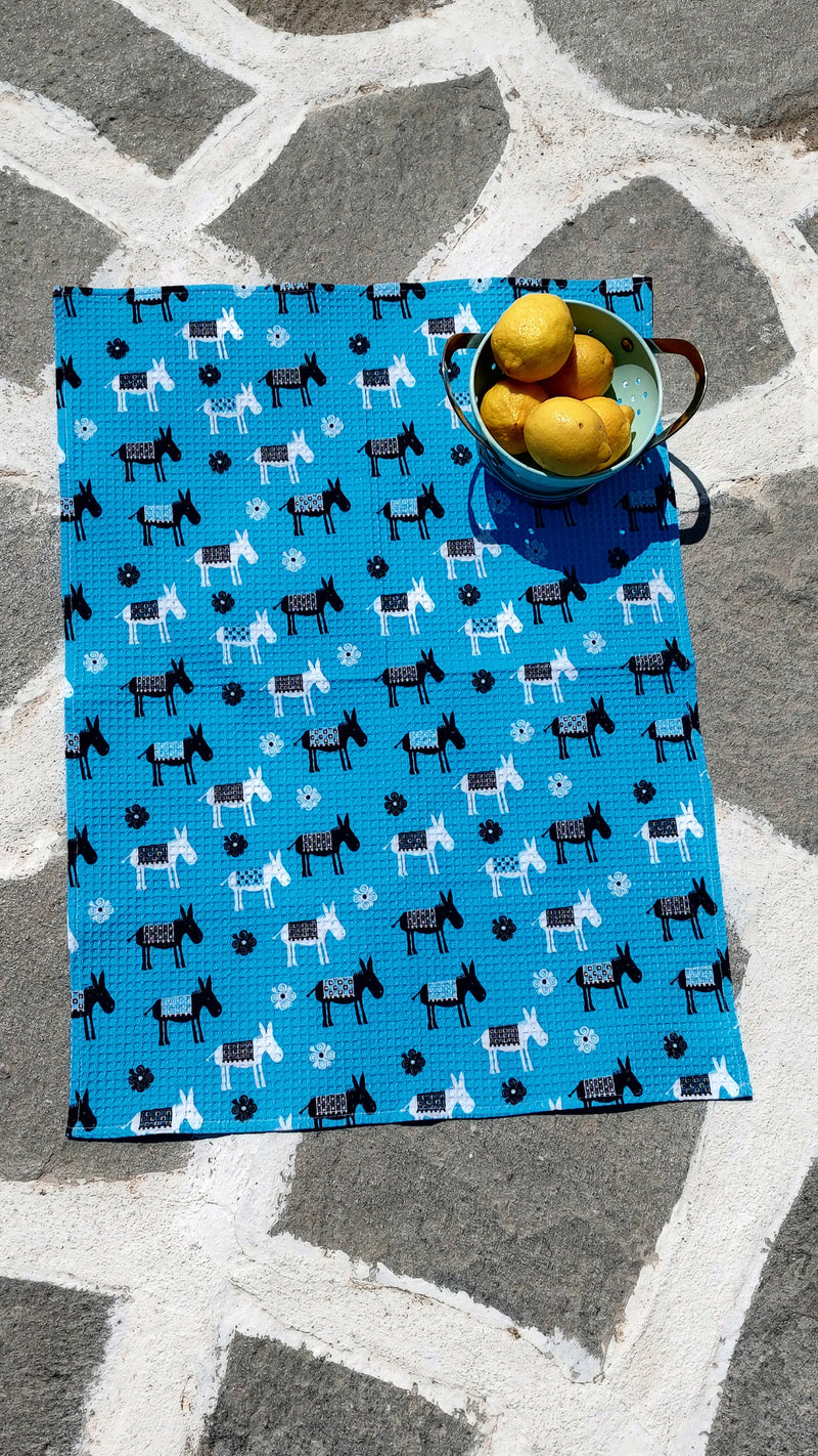 Greek Blue Donkey 100% Cotton Tea Towel