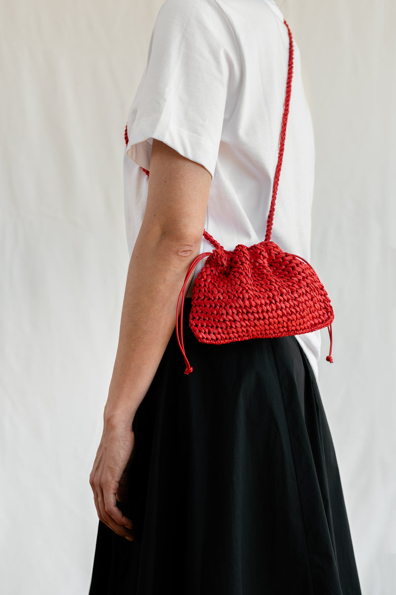 Aster Raffia Pouch with Strap- Handmade in Greece - Poppy