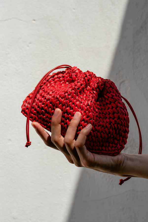 Aster Raffia Pouch with Strap- Handmade in Greece - Poppy