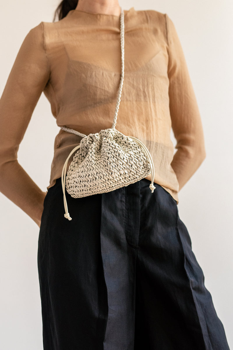 Aster Raffia Pouch with Strap- Handmade in Greece - Pearl