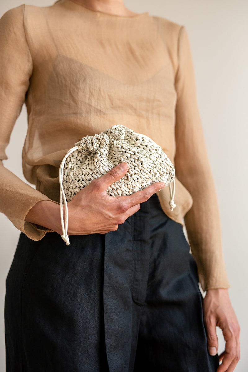 Aster Raffia Pouch with Strap- Handmade in Greece - Pearl