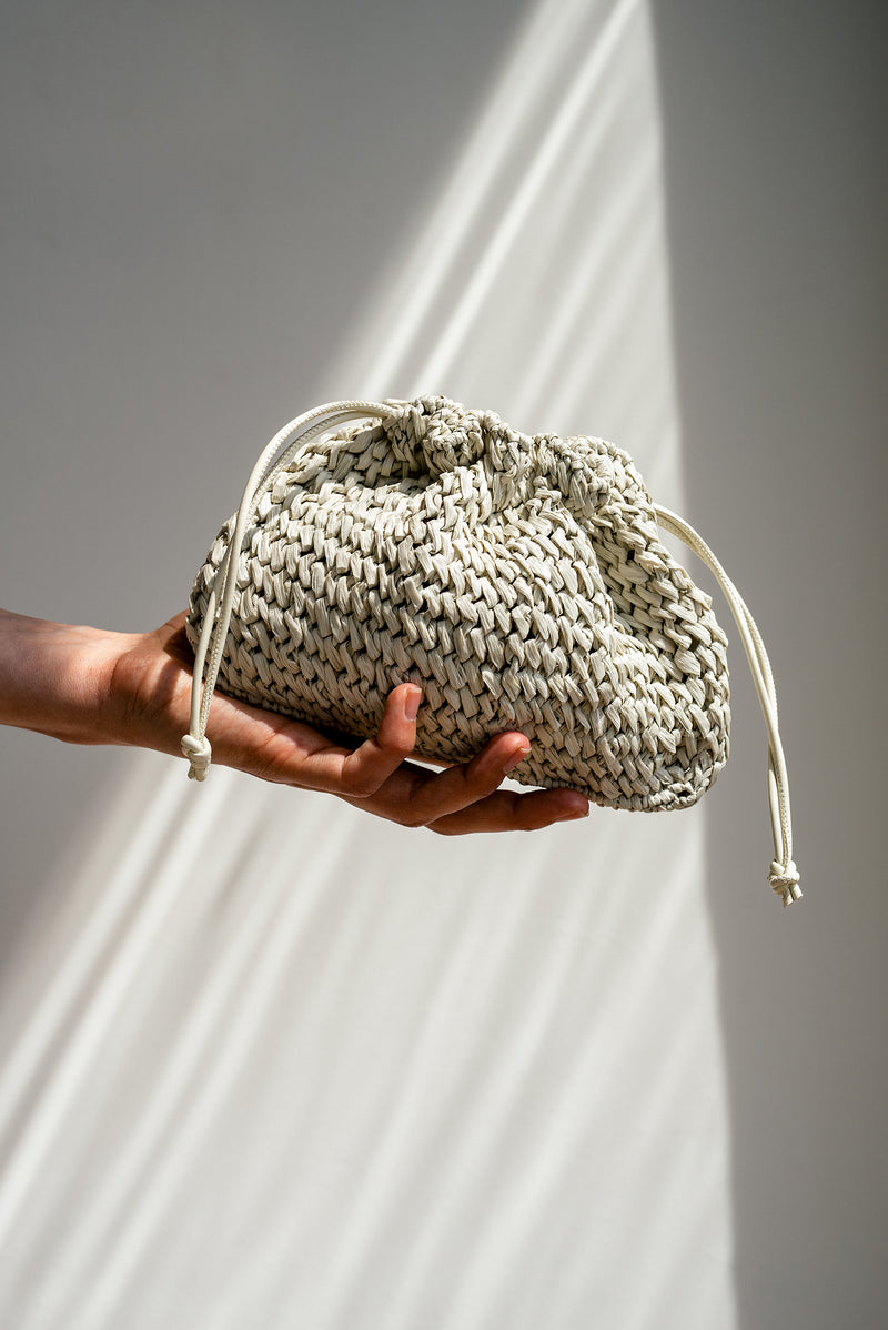 Aster Raffia Pouch with Strap- Handmade in Greece - Pearl