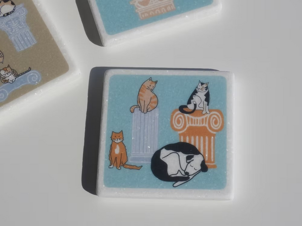 Greek Cats and Dog with Columns Marble Coaster