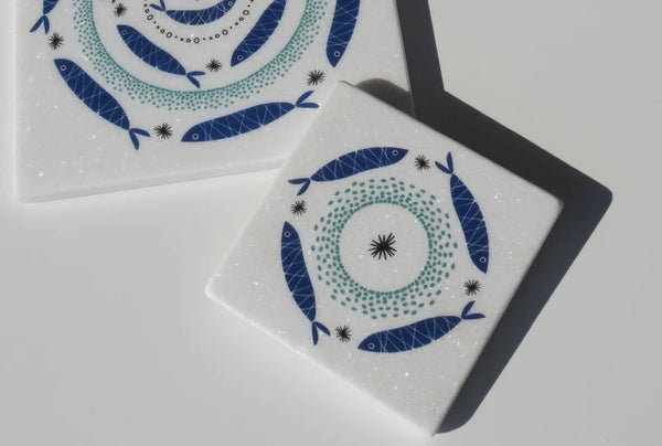 Greek Round Sardines Marble Coaster
